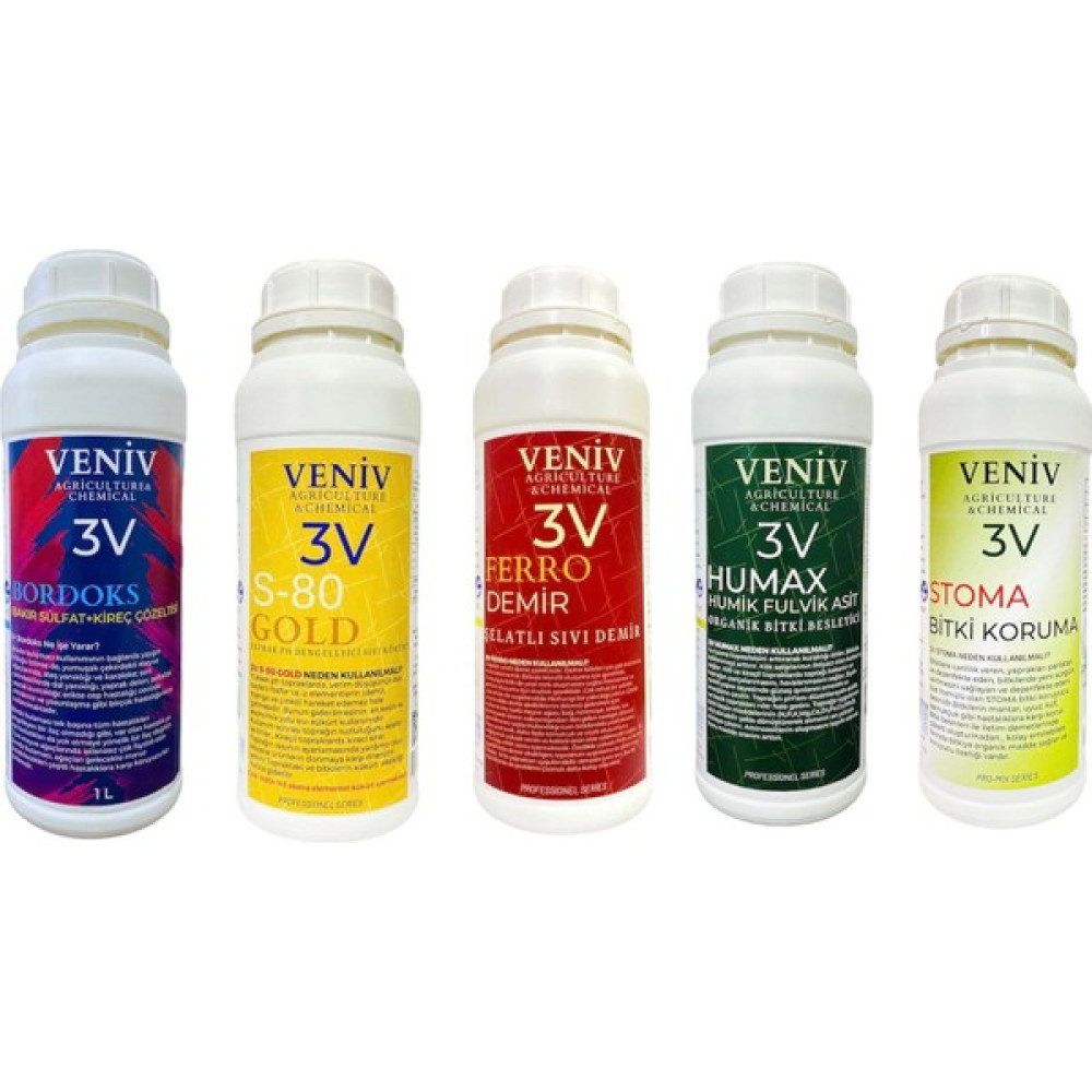 Veniv 3V Bahçe Tam Koruma ve Besleme Seti 5X1L - Bordo Bulamacı + Sıvı Demir + Hümik Asit + Sıvı Kükürt + Genel Bahçe Koruma - 5L Gübre Fiyatı