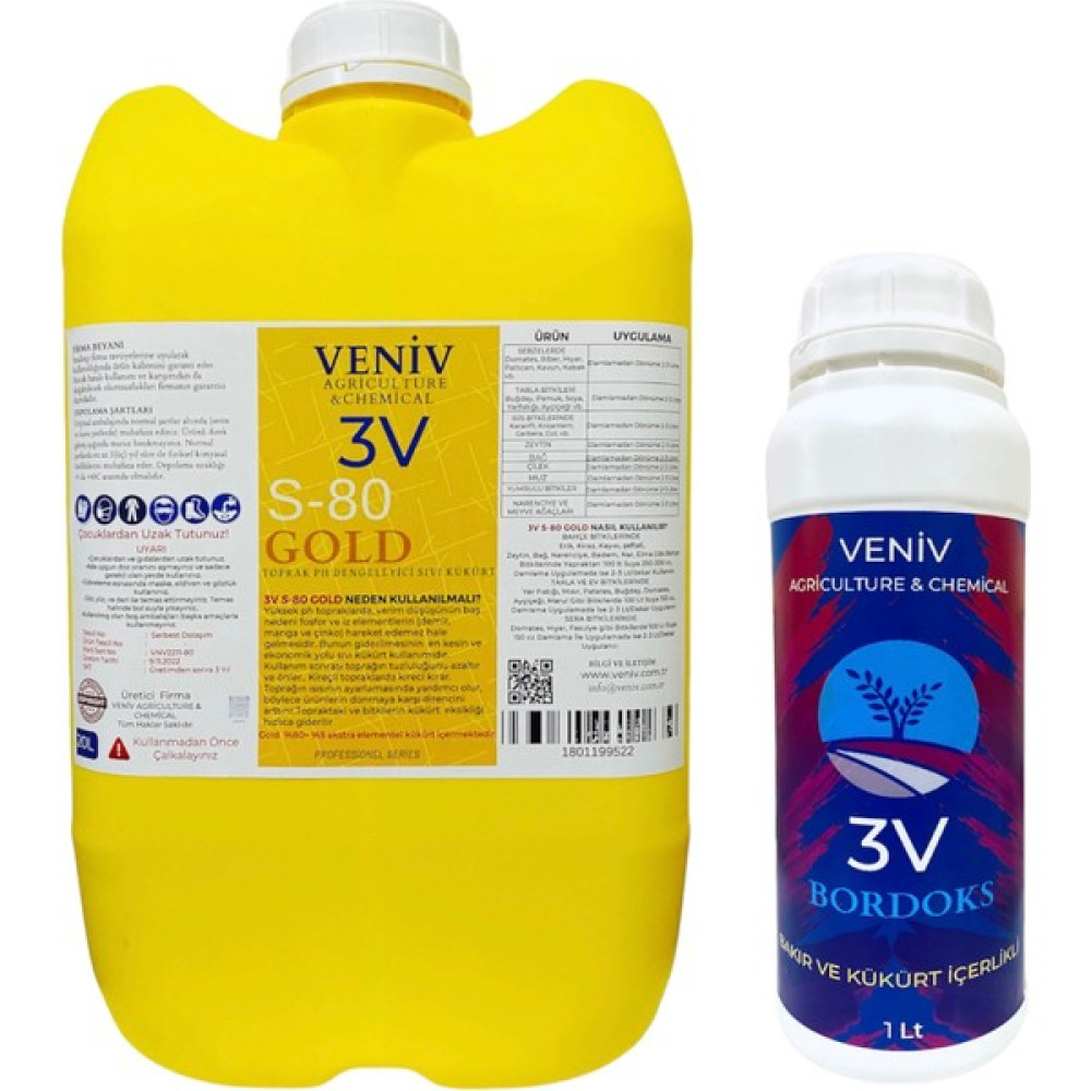 Veniv 3V S 80 Gold 20 Lt Yüksek Kükürt Içerikli Ph Düzenleyici Kireç Giderici + Veniv 3V Bordoks Hazır Bordo Bulamacı 1 Lt (1,5 Kg) - (Konsantre Ki... Bitki Fiyatı