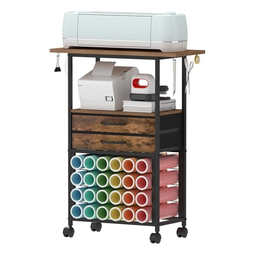 VENNQD Organizer and Storage Stand Compatible with Cricut Machines,Rolling Storage Cart/Shelf with 24 Vinyl Roll Holders，2 Fabric Drawer,Accessories Holder,Tool Hook for Craft Room Home (Rustic Brown)