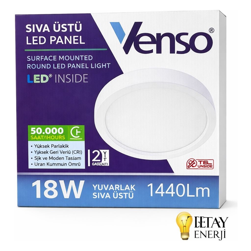 Venso Sıva Üstü 18 Watt Yuvarlak Kasa LED Panel – Beyaz Işık (1440 Lümen) - 6500K - Beyaz Diğer Fiyatı