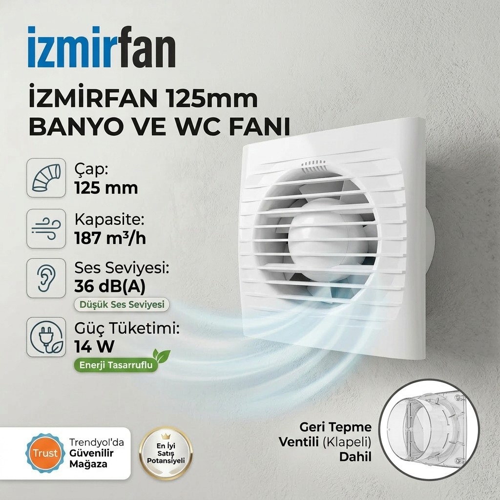 VentEurope Easy 125 Bd Kapaklı Banyo Wc Aspiratör Fanı 12.5 cm Sessiz Havalandırma Fanı 125 mm Aspiratörler Fiyatı