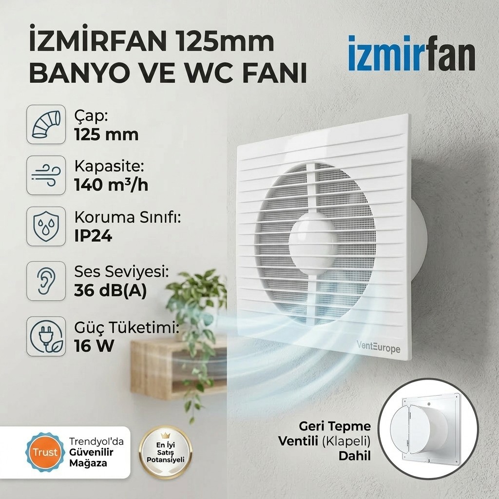 VentEurope Refined 125 Bd 12.5 cm Kapaklı Banyo Wc Aspiratör Havalandırma Fanı Sessiz Aspiratörler Fiyatı
