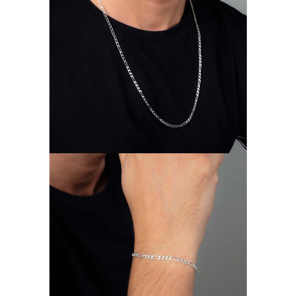Ventino Silver 2mm Figaro 925 Ayar Gümüş Erkek Zincir Kolye Bileklik Set Ves-8501 60 cm Beden Gümüş Kolye Fiyatı