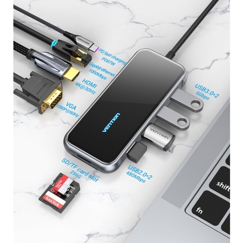 Vention 10'un 1'i Type-C Hub Çoklayıcı CE/FC/ROHS Lisanslı 4K Hdm/Usb C Pd/Tf Kart/Sd Kart/Usb A/Usb C/100W/RJ45/Wga Çoklayıcı Dönüştürücü Oto Boyaları Fiyatı