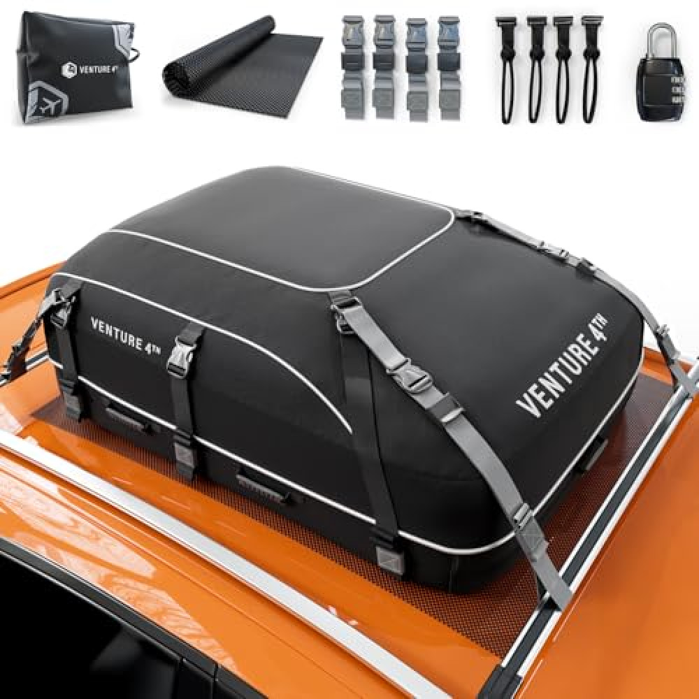 VENTURE 4TH Rooftop Cargo Carrier - 21 Cubic Feet Waterproof Car Roof Cargo Bag with Tie-Down & Compression Straps, Fits Most Vehicles with or Without Roof Racks, Sidebars & Crossbars