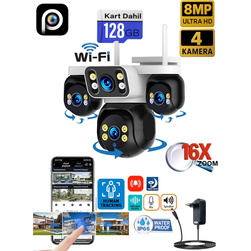 Ventus ES-5804 128GB 8MP 4 Kameralı Wifi 16X Zoom HiEasy Gece Görüş Çift Yönlü Ses Uzaktan İzleme Kişi Takibi Türkçe Diğer Fiyatı