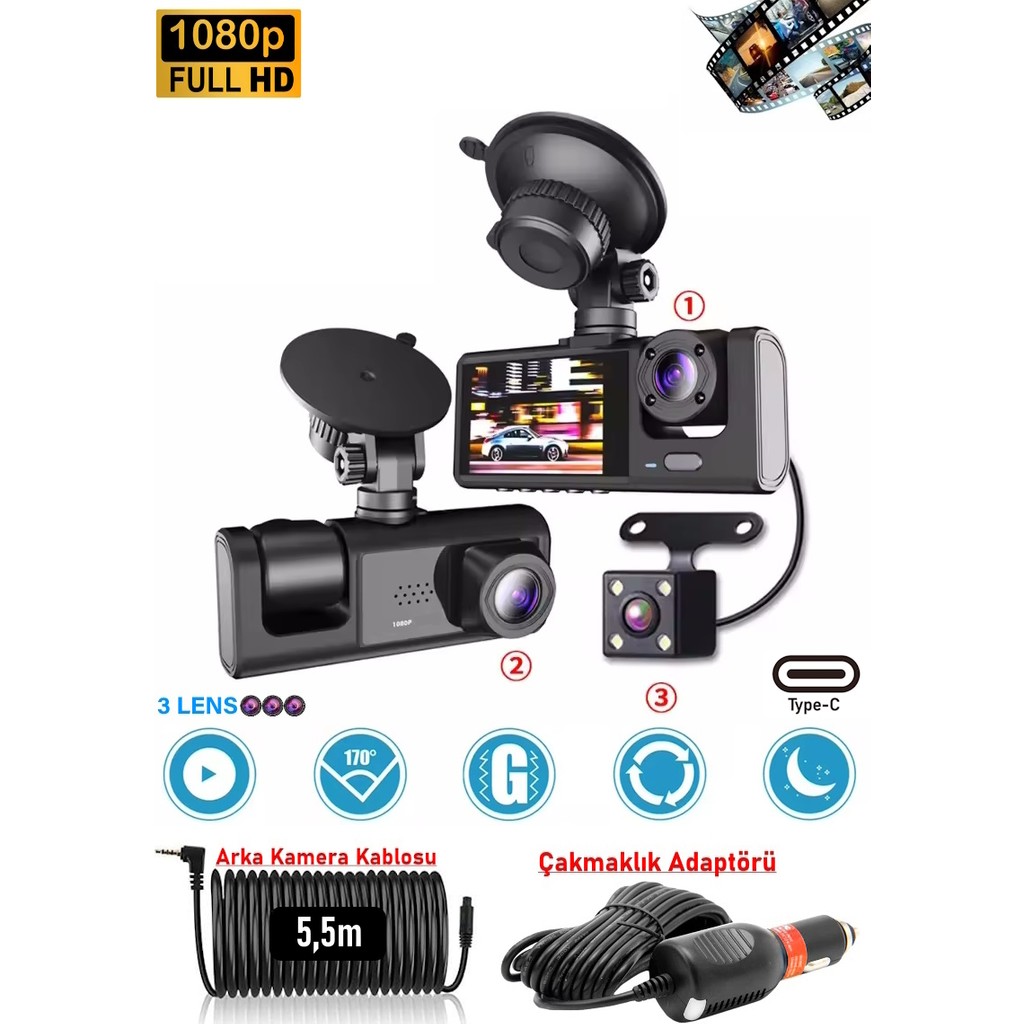 Ventus Mpia CC33 1080P Full Hd Araç Içi Kamera Ön Arka ve Iç Kayıt 3 Kamera Gece Görüşlü G Sensör Geniş Açı Diğer Fiyatı