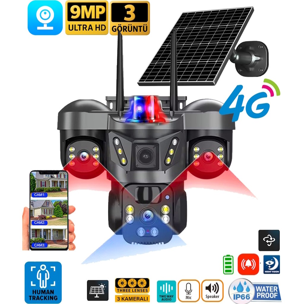 Ventus ONQAM ON-SG4366 9MP Üç Kameralı UltraHD 4G Güneş Enerjili Akıllı Güvenlik Kamerası - HAT YOK Güvenlik Kameraları Fiyatı