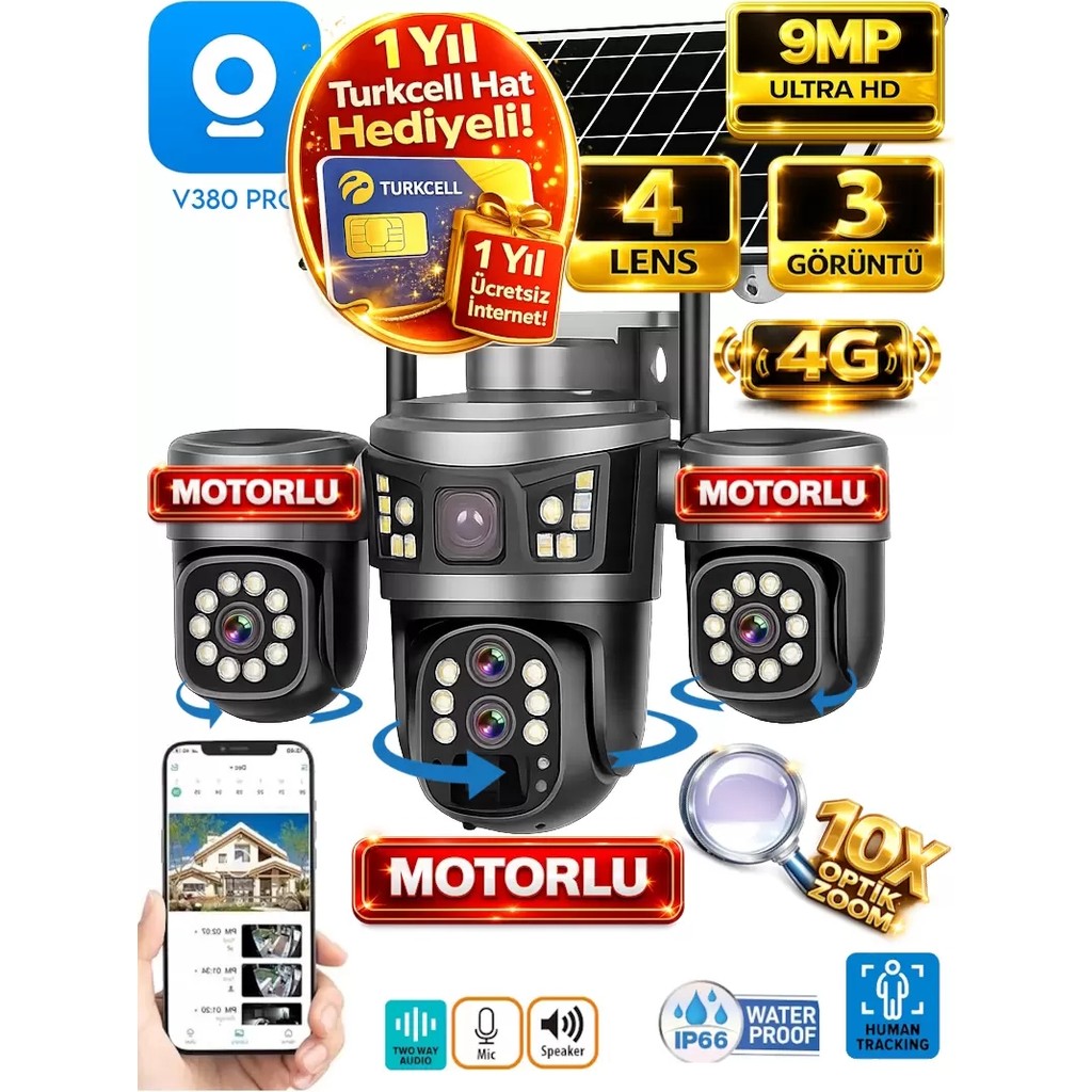 Ventus ONQAM V380 Pro ON-SG4346M 9MP Üç Kameralı 4G Güneş Enerjili Akıllı Güvenlik Kamerası (Sim Kart Dahil) - Hat Dahil Güvenlik Kameraları Fiyatı