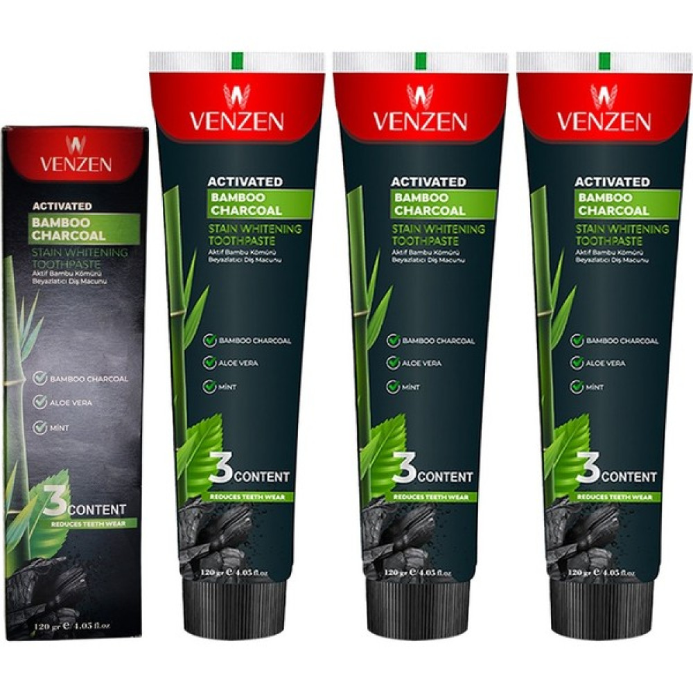 Venzen Büyük Boy Gerçek Doğal Bambu Kömürü Beyazlatıcı Diş Macunu 3 Adet x 120 gr (3'lü Paket) Diş Macunları Fiyatı