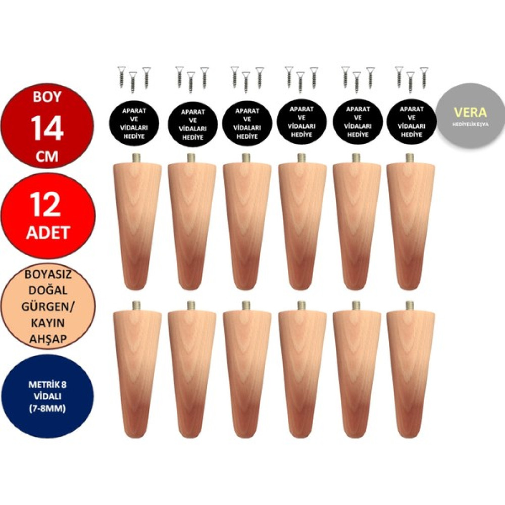 Vera Hediyelik Eşya 12'li 14 cm Ahşap Konik Ayak Koltuk Ayağı Baza Ayağı Mobilya Ayağı Dolap Ayağı 3301000000730 - Doğal Gürgen - Ahşap Rengi Nalburiye & Hırdavat Fiyatı