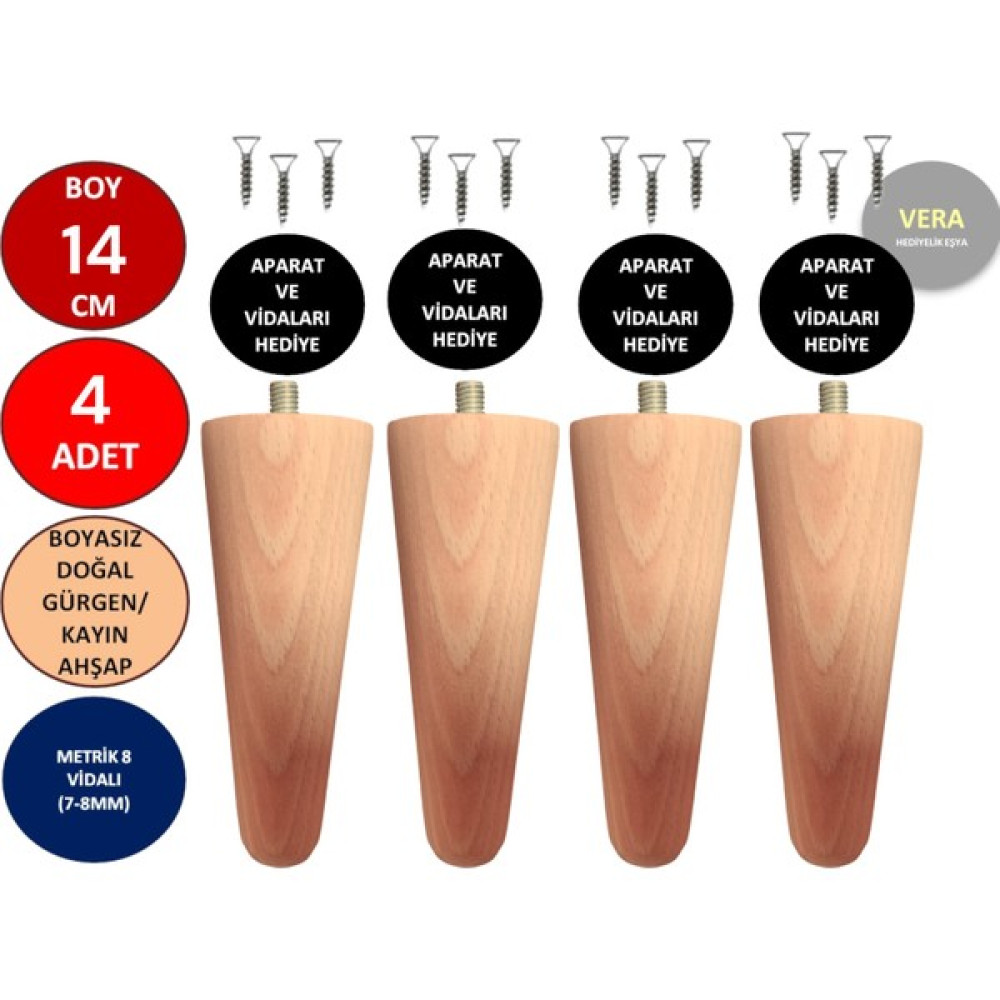 Vera Hediyelik Eşya 4'lü 14 cm Ahşap Konik Ayak Koltuk Ayağı Baza Ayağı Mobilya Ayağı Dolap Ayağı 3301000000723 - Doğal Gürgen - Ahşap Rengi Nalburiye & Hırdavat Fiyatı