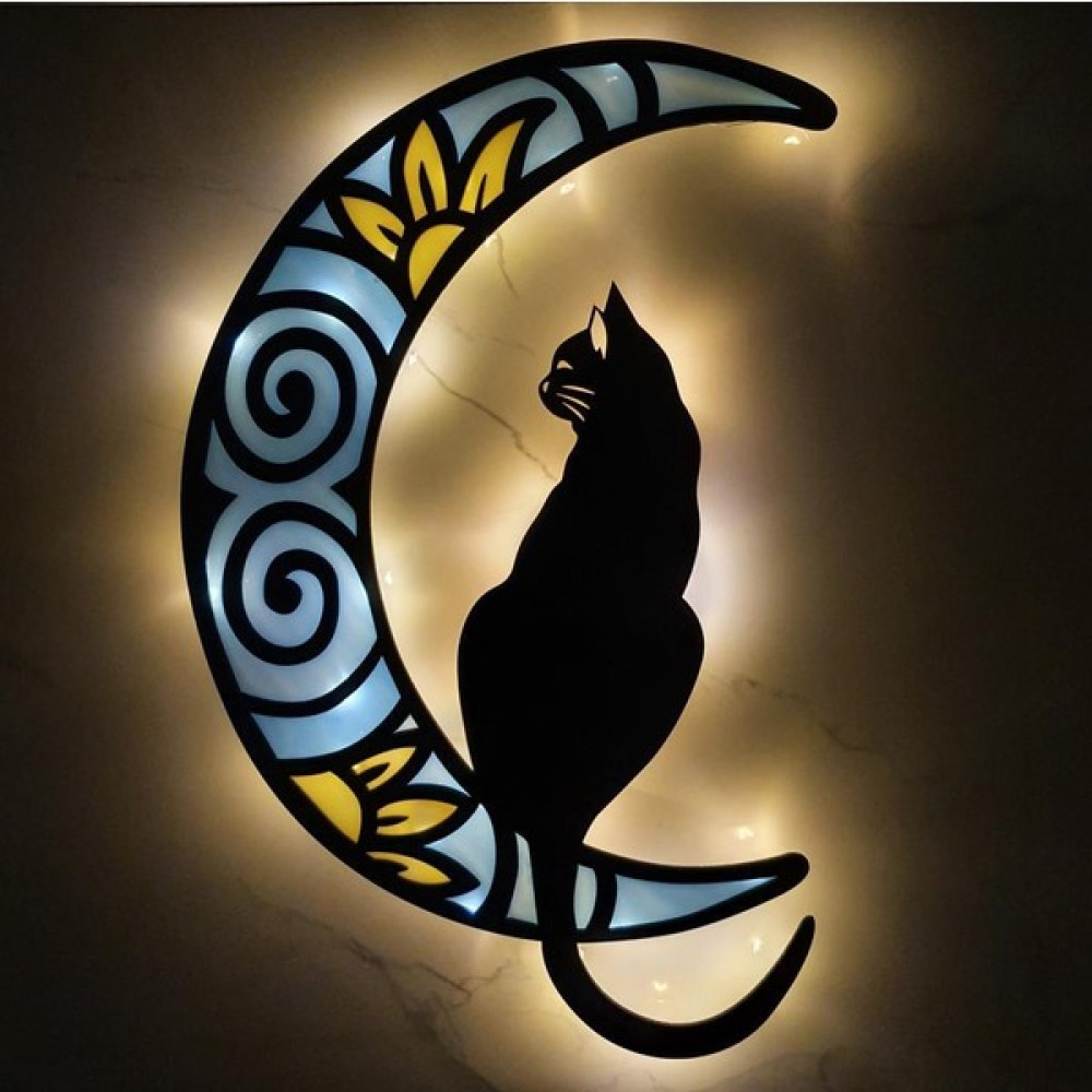 Veraart Epoksili Ahşap Aydaki Kedi Figürlü Duvar Dekorlu Gece Lambası - Siyah Gece Lambası Fiyatı