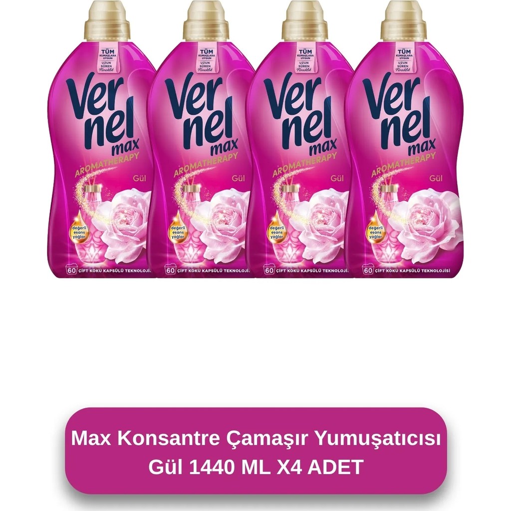 Vernel Max Gül Konsantre Yumuşatıcı 4x1.44L 60 Yıkama Uzun Süreli Ferahlık - 1,4 lt Çamaşır Yıkama Fiyatı