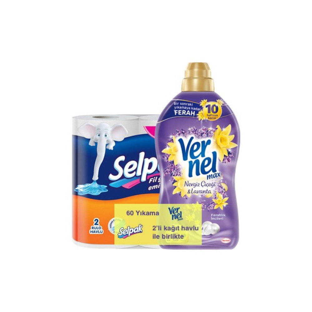 Vernel Nergiz Çiçeği Lavanta 1440 ml + Selpak Kağıt Havlu - 1,44 lt Yumuşatıcı Fiyatı
