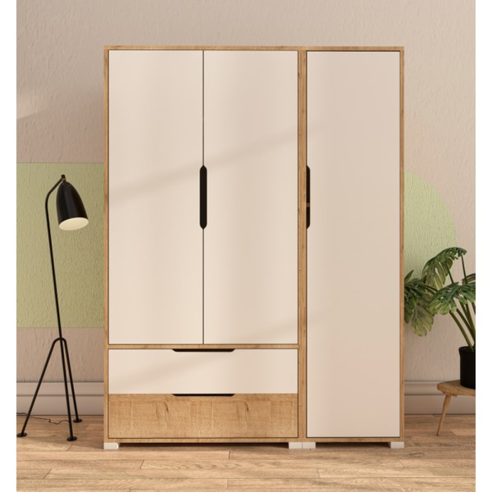 Vertex Mobilya Flora 3 Kapaklı 2 Çekmeceli Gardırop Safir Meşe - Beyaz Elbise Dolabı - Beyaz - Ceviz Gardrop & Dolap Fiyatı