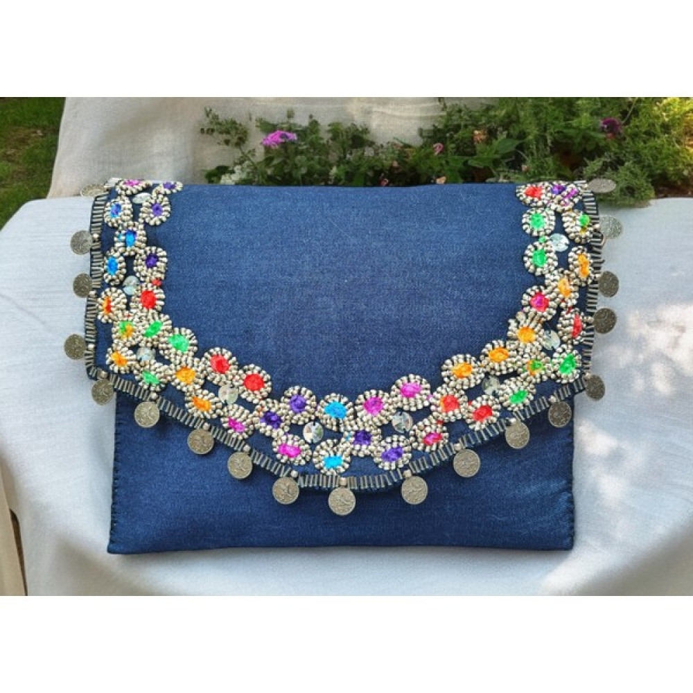 Vertiginoso Lacivert Kot Kumaş Boncuk Işlemeli Kadın Portföy Clutch El Kol Omuz Çantası Bayan Çanta ve Cüzdan Fiyatı