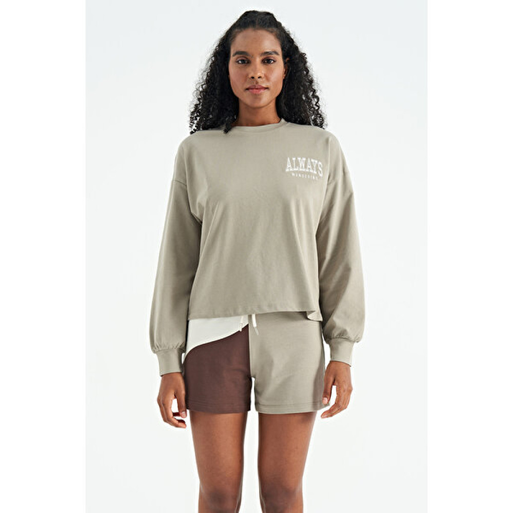 Veryperi Zeytin Yeşil O Yaka Hafif Balon Kollu Nakış Detaylı Cropped Basic Kadın Swearshirt - 02116 Bayan Sweatshirt Fiyatı