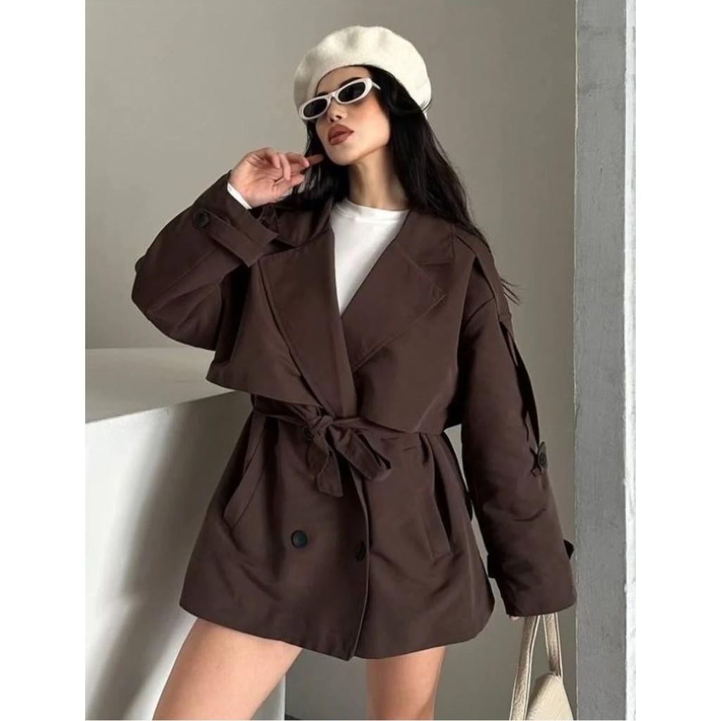 Vess Moda Kadın Acı Kahverengi Rüzgarlık Detaylı Kısa Trençkot Kruvaze Yaka Regular Fit Kadın Trençkot Fiyatı