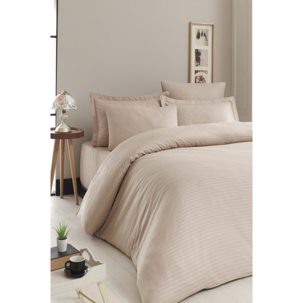 Vessino Home Çizgili Pamuk Saten Çift Kişilik Nevresim Takımı Pamuk Saten - 240 x 260 cm - Kahverengi - Krem Nevresim Takımı Fiyatı