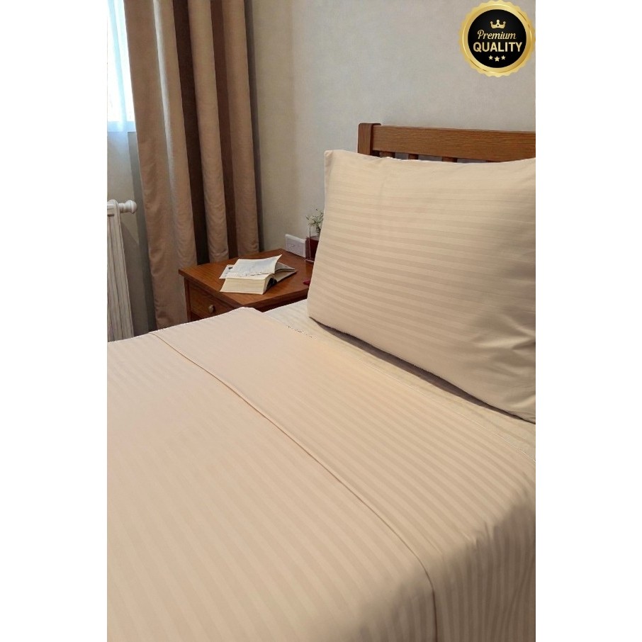Vessino Home Royal Çizgili Pamuk Saten Tek Kişilik Nevresim Takımı Lastikli Çarşaflı Otel Beyaz Renkli Pamuk Lüx - 90 x 190 cm - Bej Nevresim Takımı Fiyatı