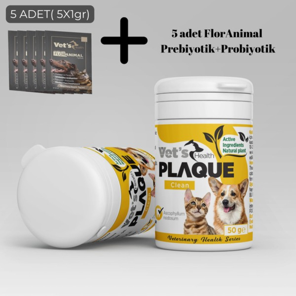 Vet's Health Plaqueclean Kedi Köpek Ağız Bakım Ürünü 50G + 5 Adet Floranimal Prebiyotik+Probiyotik Oto Boyaları Fiyatı