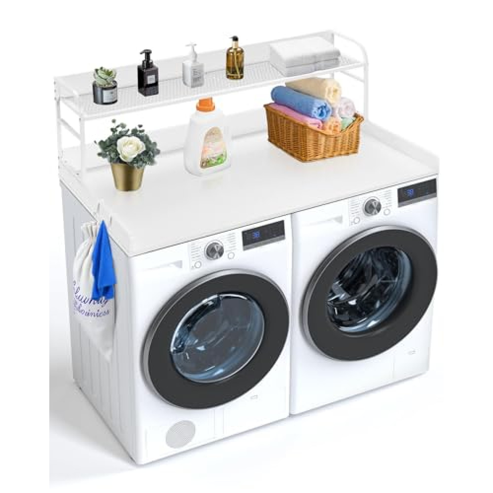 VEVOR 2-Tier Washer Dryer Countertop with Shelf, 54" x 27" Wooden Laundry Countertop with 2 Hooks & Anti-Slip Pads, Washer and Dryer Covers for The Top for Laundry Room Organization and Storage, White