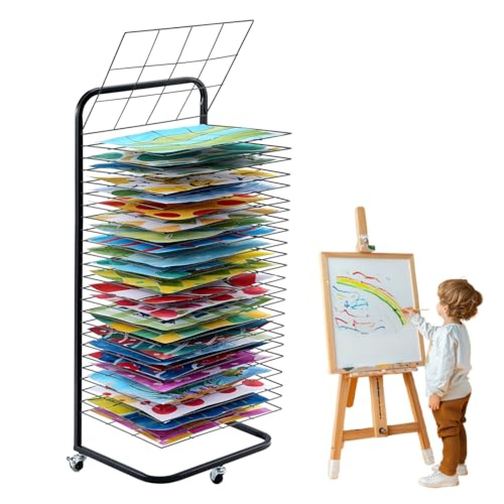 VEVOR Art Drying Rack, 25 Removable Shelves, 17 x 13 x 39.4 inch Paint Rack with Lockable Wheels, Carbon Steel for Artwork in Classrooms, Art Studios and Schools, Black