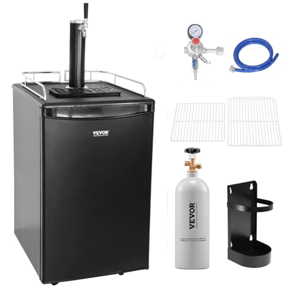 VEVOR Beer Kegerator, Single Tap Draft Beer Dispenser, Full Size Keg Refrigerator With Shelves, CO2 Cylinder, Drip Tray & Rail, 32°F- 50°F Temperature Control, Holds 1/6, 1/4, 1/2 Barrels, Black