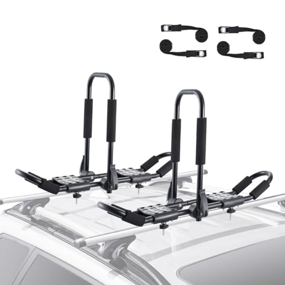 VEVOR Kayak Roof Rack 1 Pair J-Bar, Folding Soft Roof Rack with 4 Pcs Tie Down Straps, Top Mount Tie Down, Carrier for Kayak Surf Board Canoe SUP Ski Board, Mount on Car SUV Truck 2 Kayaks Crossbar