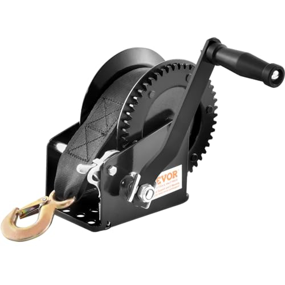 VEVOR Rope Crank Hand Winch 1600 lbs Capacity Boat Trailer Winch Heavy Duty 33 ft Polyester Strap and Two-Way Ratchet, Manual Operated Hand Crank Winch for Trailer, Boat or ATV Towing