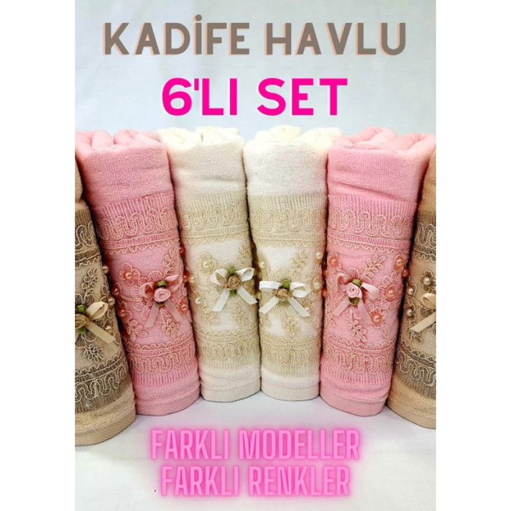 vexillum Rosenur Havlu Seti 6'lı Kadife Güpürlü Boncuklu 50X90 Çeyizlik Hediyelik El Yüz Havlusu %100 Pamuk - Beyaz - Bej - 50 x 90 cm El / Yüz Havlusu Fiyatı