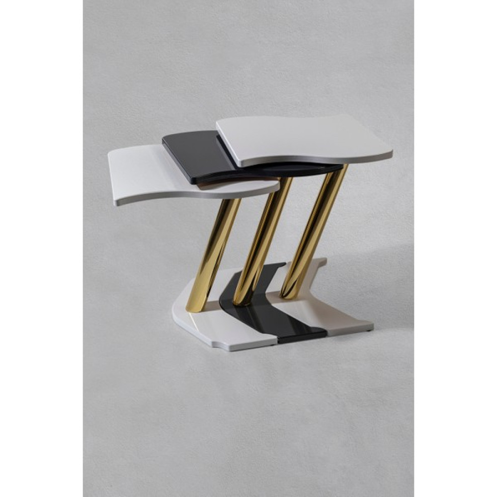 Veys Sehpa 3'lü Gold Windows Zigon Sehpa -Beyaz - Füme Zigon Sehpa Fiyatı