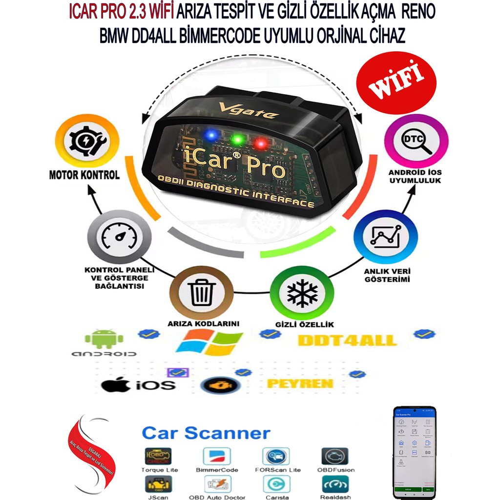 Vgate Icar Pro 2.3V Wifi Arıza Tespit Cihazı DDT4ALL-BIMMERCODE-FORSCAN-CARISTA Orijinal Bilgisayar Çevirici ve Adaptörü Fiyatı