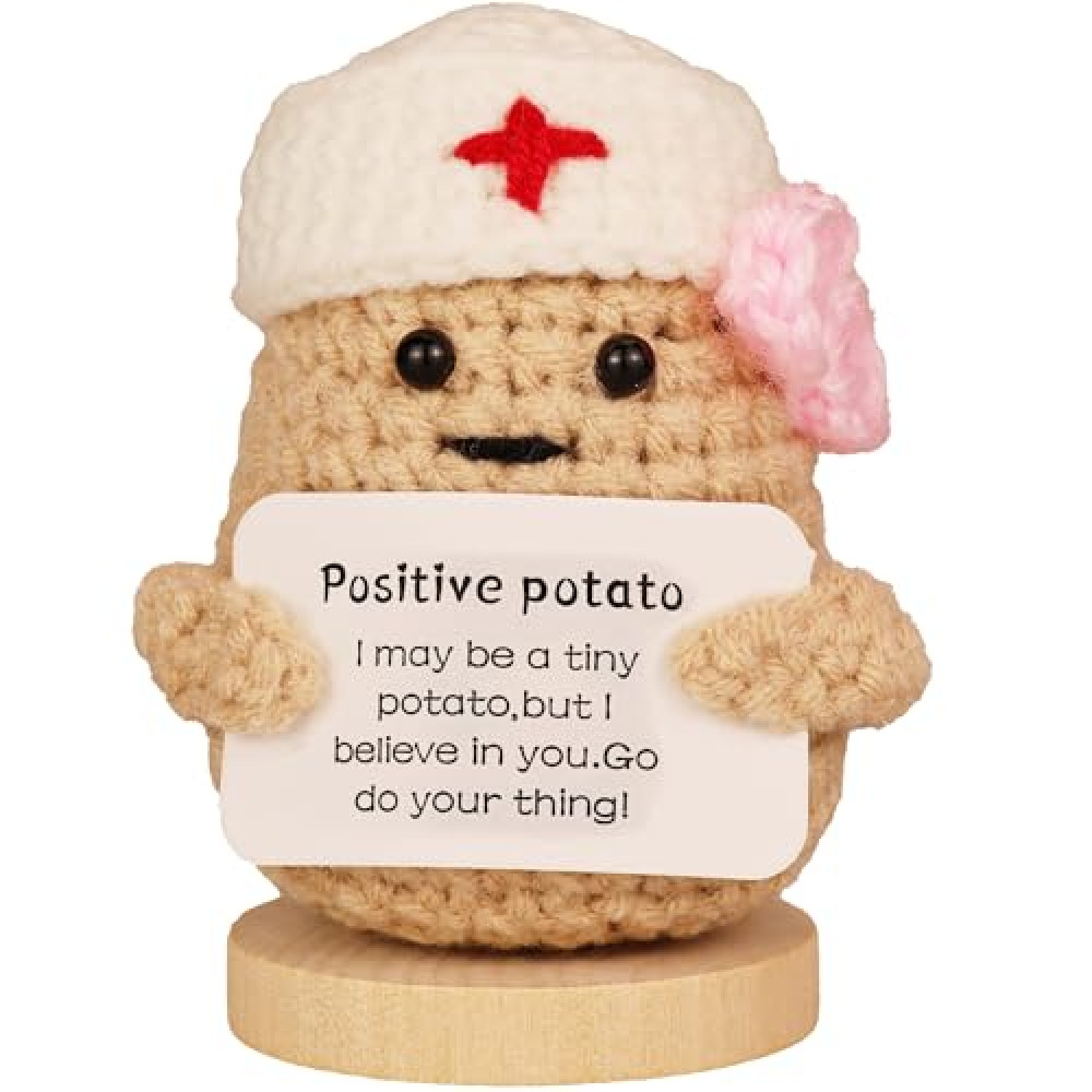 vhemo Handmade Emotional Support Crochet Potato Doll with Inspirational Card - Mini Knitted Gift for Nurse, Doctors, Women, Friends, Encouragement Decor for Christmas, Birthday, Easter (Dr.&Base)