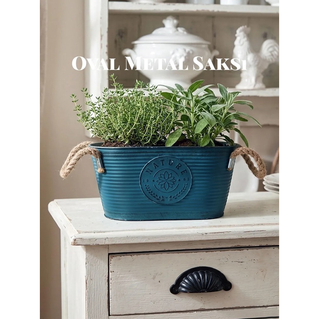 Via Gardenia Metal Saksı Oval Jüt Saplar 14*24CM - Lacivert Saksı ve Aksesuarları Fiyatı