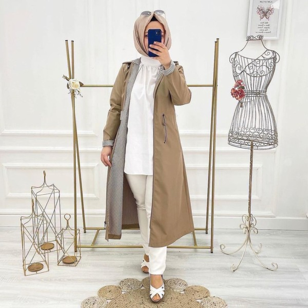Vibeys Collection Bej Içi Çizgili ve Kendinden Astarlı Su Geçirmez Kadın Trençkot Kadın Trençkot Fiyatı