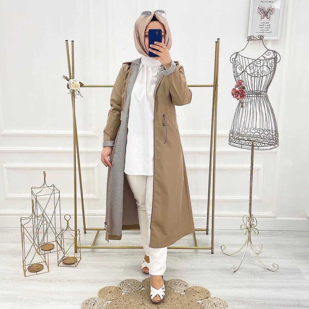 Vibeys Collection Bej Içi Çizgili ve Kendinden Astarlı Su Geçirmez Kadın Trençkot Kadın Trençkot Fiyatı