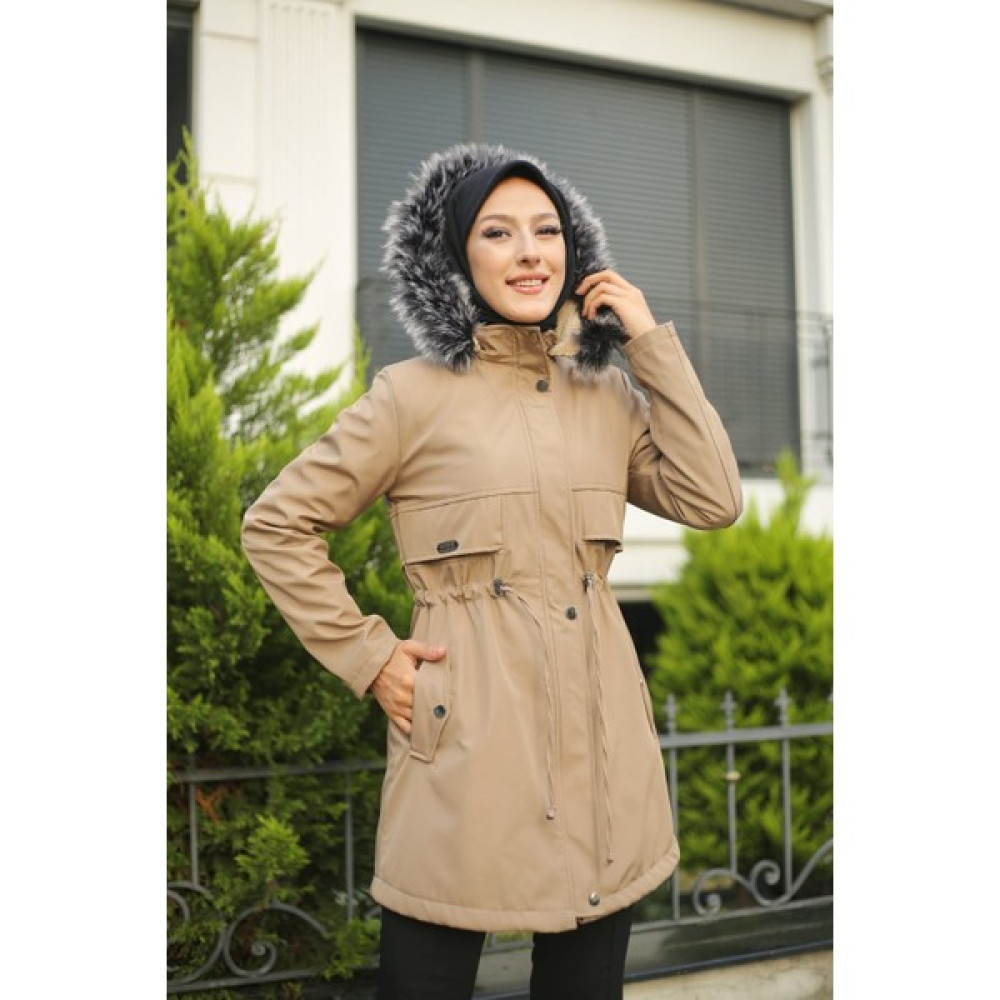 Vibeys Collection Bej Içi Kürklü ve Su Geçirmez Büyük Beden Battal Kadın Kışlık Mont & Kaban Bayan Mont Fiyatı