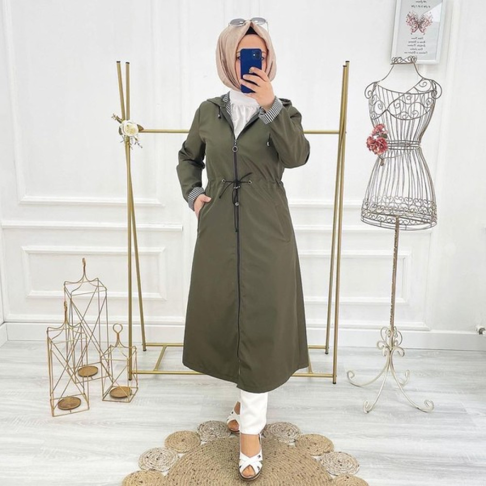 Vibeys Collection Haki Içi Çizgili ve Kendinden Astarlı Su Geçirmez Kadın Trençkot Kadın Trençkot Fiyatı