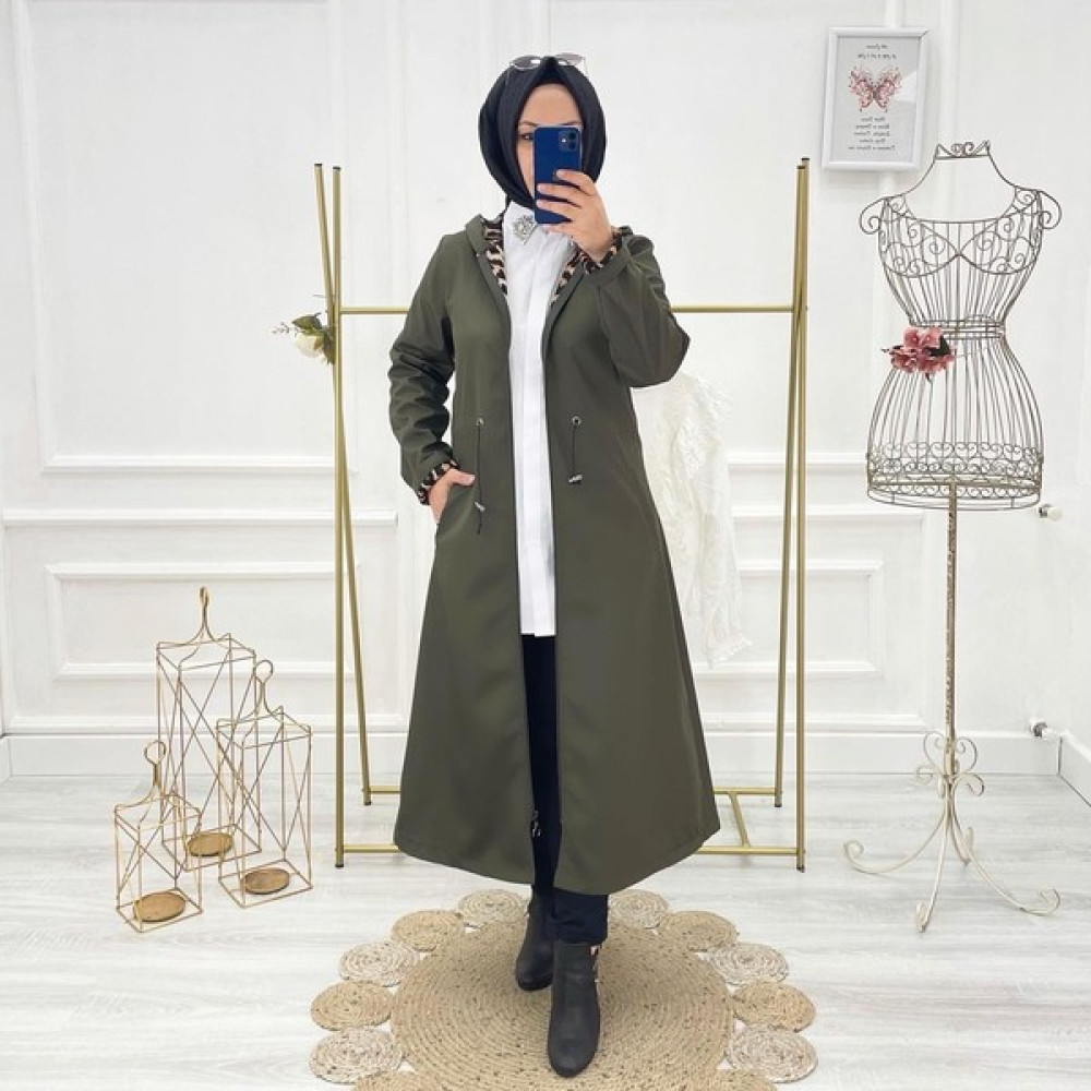 Vibeys Collection Haki Içi Leopar Desenli ve Kendinden Astarlı Su Geçirmez Kadın Trençkot Kadın Trençkot Fiyatı