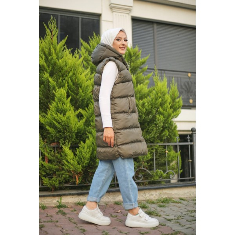 Vibeys Collection Haki Kapüşonlu Fermuarlı Kadın Şişme Yelek Kadın Yelek Fiyatı
