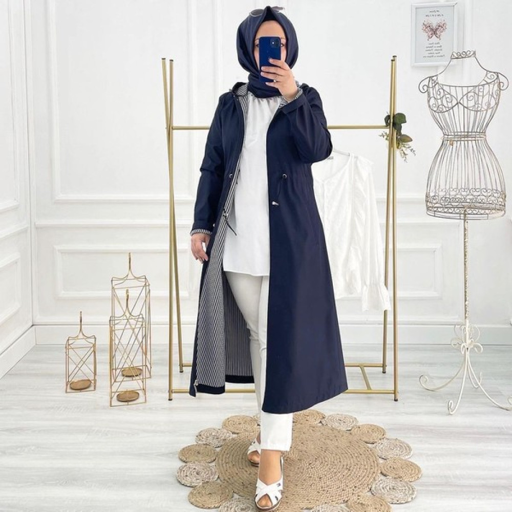 Vibeys Collection Lacivert Içi Çizgili ve Kendinden Astarlı Su Geçirmez Kadın Trençkot Kadın Trençkot Fiyatı
