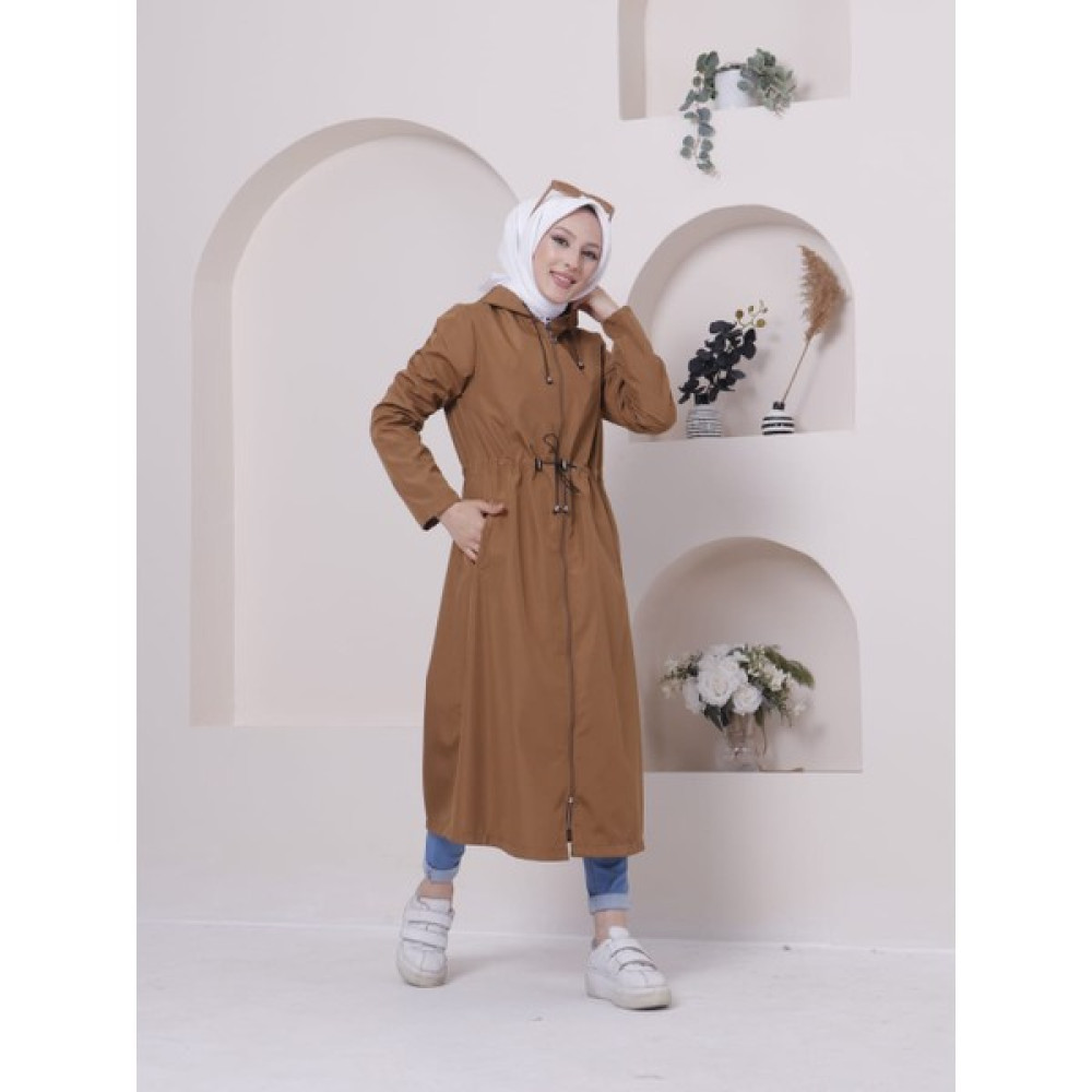 Vibeys Collection Taba Içi Çizgili ve Kendinden Astarlı Su Geçirmez Kadın Trençkot Kadın Trençkot Fiyatı