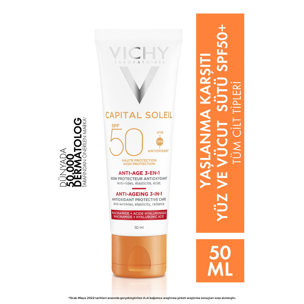 Vichy Capital Soleil Yüksek Korumalı 3ü1 Arada Yaşlanma Karşıtı Yüz Güneş Kremi Spf 50 (UVA UVB) 50 ml Güneş Kremleri ve Losyonları Fiyatı