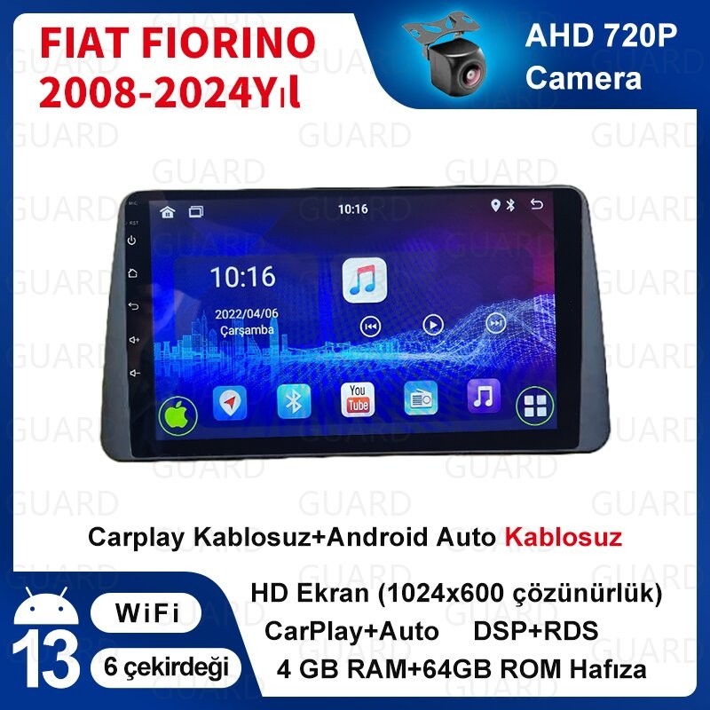Victor Fıat Fiorino 2008-2024Yıl Android Kablosuz Carplay Navigasyon Multimedya 9 Inch Ekran 4G Ram 64GB Hafıza，Arka kamera hediye - Siyah RAM Bellekler Fiyatı