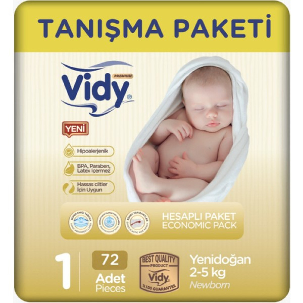 Vidy 1 Numara Bebek Bezi Yenidoğan Premium 72 Adet Paket 2-5 kg Bebek Bezi Fiyatı