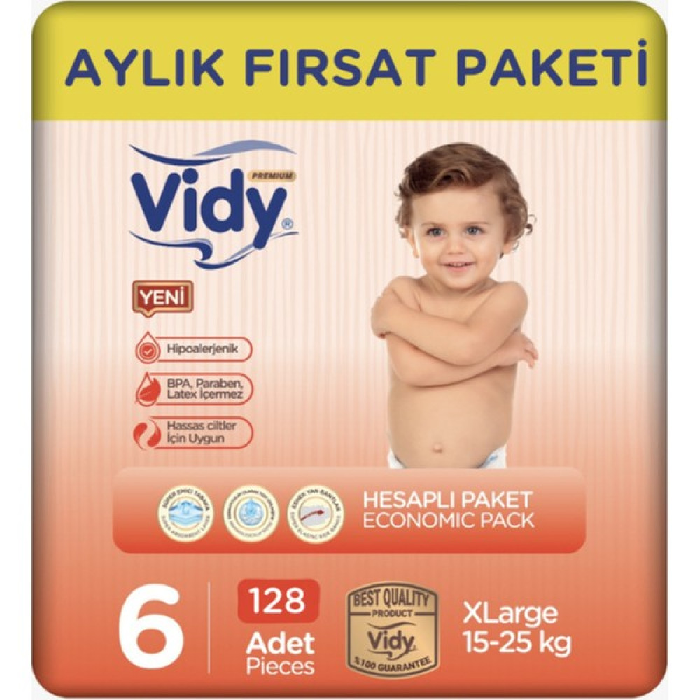 Vidy Bebek Bezi 6 Numara x -Large Premium 128 Adet 32 x 4 Paket 15-25 kg Bebek Bezi Fiyatı