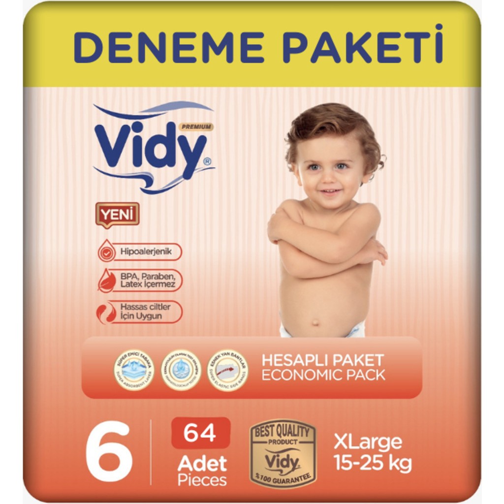 Vidy Bebek Bezi 6 Numara x -Large Premium 64 Adet 32 x 2 Paket 15-25 kg Bebek Bezi Fiyatı