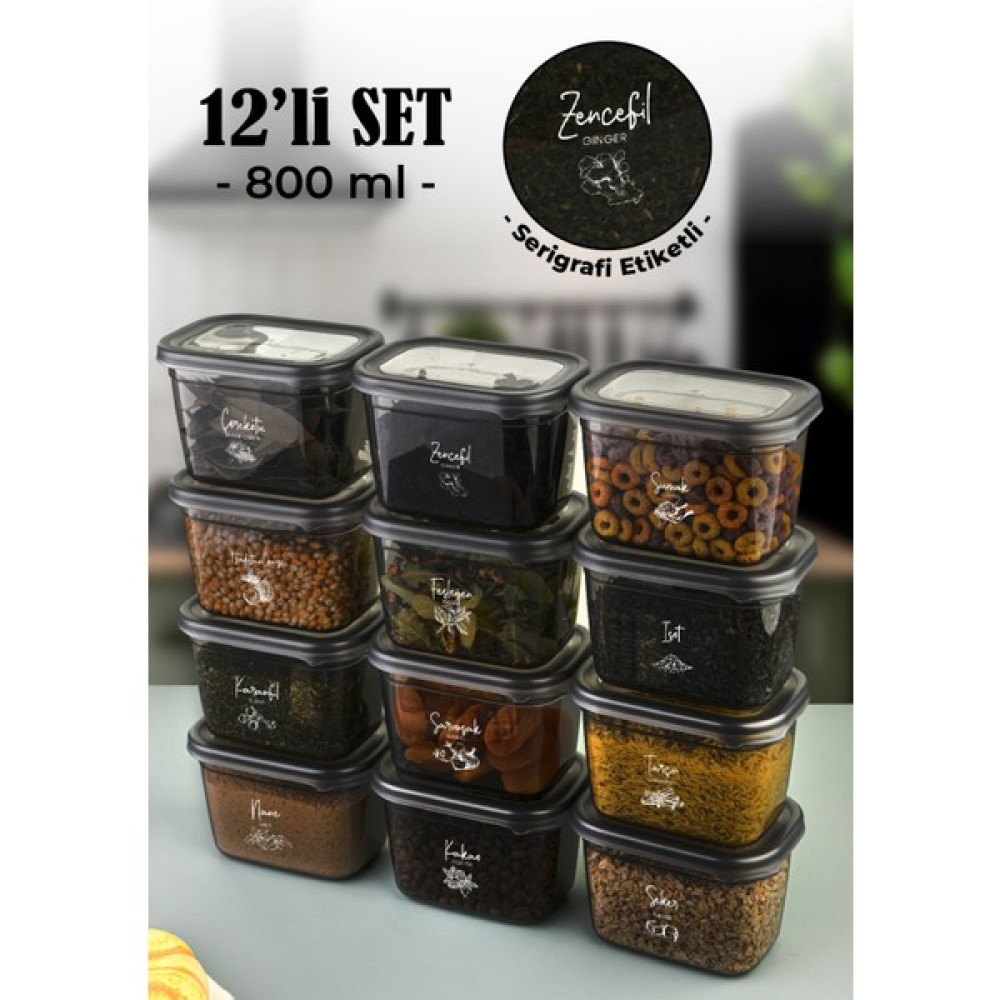 Vienev Beyaz Serigrafi Etiketli 12lı Peggy Dikdörtgen Baharatlık Seti 800 Ml Antrasit Baharat Setleri & Baharatlıklar Fiyatı